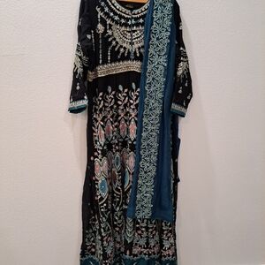 Embroidered Black and Teal Indian Wedding Dress